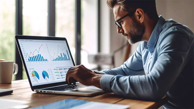 Business owner reviewing data on laptop screen